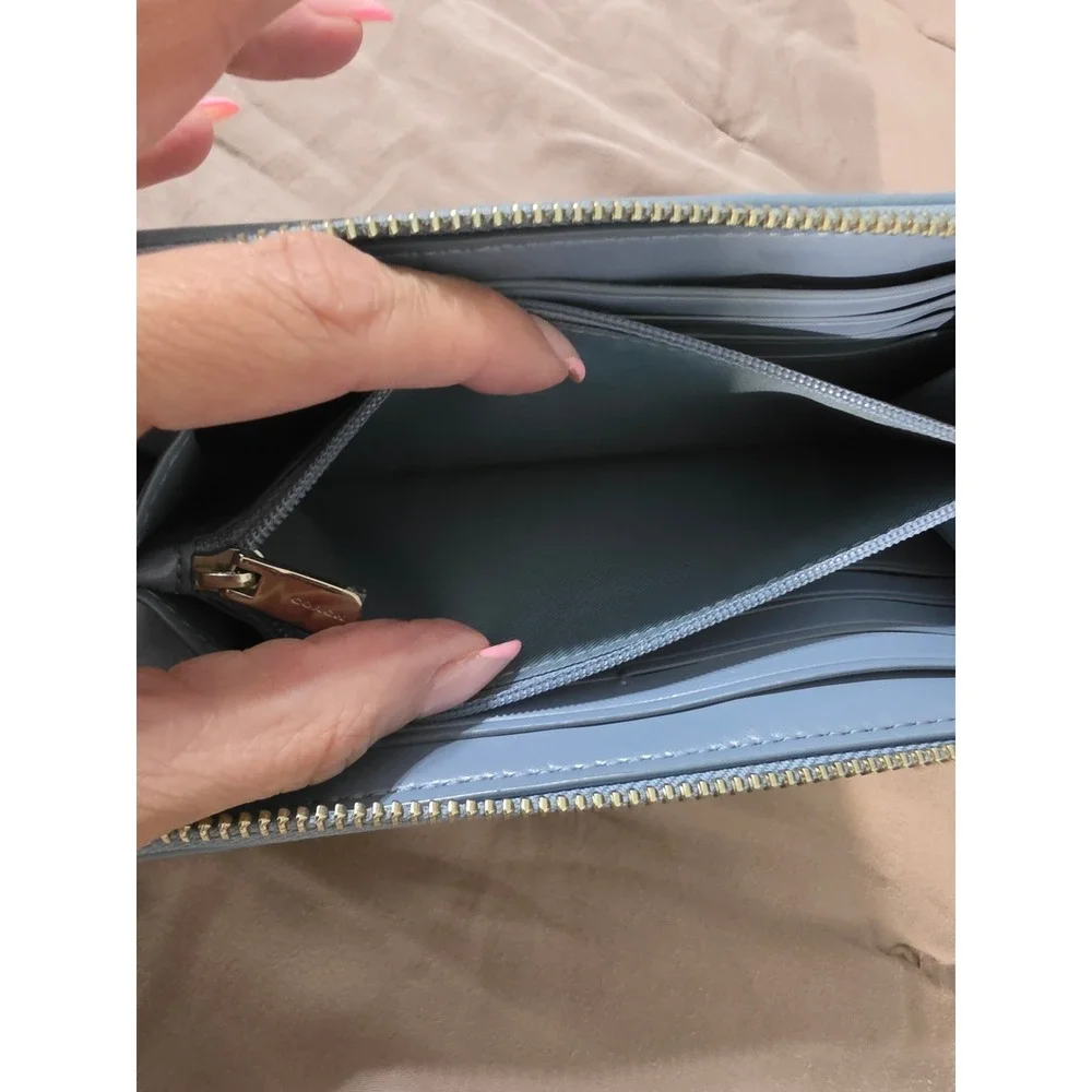Coach Signature Canvas Accordion Zip Wallet Khaki Light Blue Leather Trim